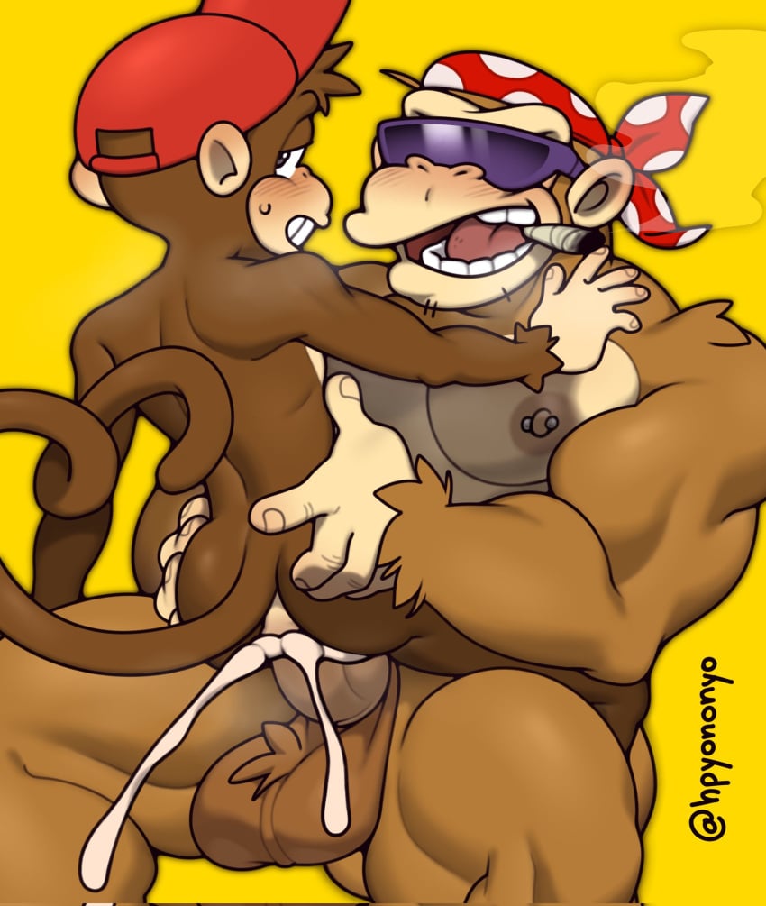 anal anal_sex balls bodily_fluids clothing cum cum_in_ass cum_inside diddy_kong donkey_kong_(series) duo eyewear funky_kong genital_fluids genitals haplorhine hat headgear headwear hi_res hpyononyo male male/male mammal monkey nintendo nipple_piercing nipples penetration penis piercing primate sunglasses