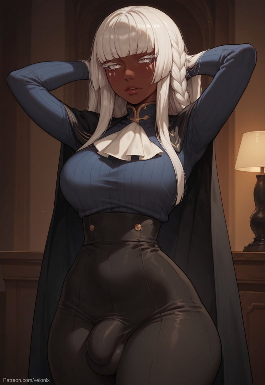 1futa 1futanari ai_generated big_ass big_breasts big_butt big_hips big_penis black_pants blue_sweater braid braided_hair breasts brigitta_(metaphor:_refantazio) brigitta_lycaon bulge bulge_through_clothing cape clothed clothing dark-skinned_female dark-skinned_futanari dark_skin dickgirl emotionless erect erection eyelashes futanari hands_behind_head indoors looking_at_viewer metaphor:_refantazio natural_breasts neutral_expression pants penis pov pov_eye_contact seductive seductive_eyes seductive_look seductive_mouth seductive_pose smooth_balls smooth_penis smooth_skin sweater testicles velonix white_eyelashes white_eyes white_hair