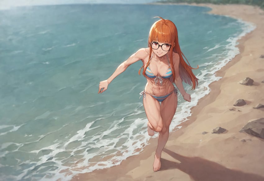 ai_generated beach civitai glasses muscular muscular_female orange_hair persona persona_5 sakura_futaba smile swimsuit