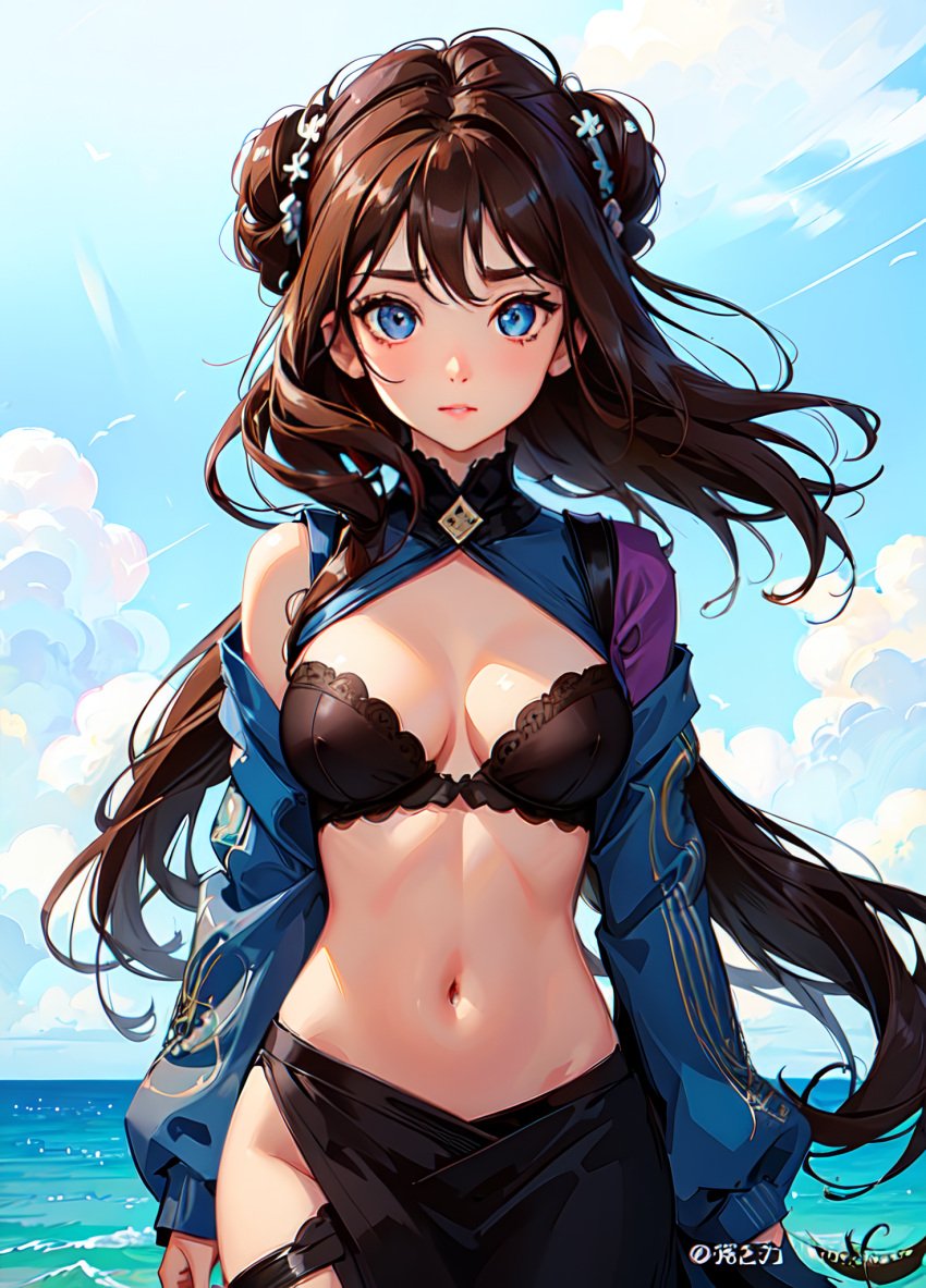 1girls ai_generated arms_at_sides asymmetrical_clothes bangs bare_shoulders beach bikini bird black_bikini black_bra black_skirt blue_eyes blue_jacket blue_sky blue_sleeves blush bra breasts breasts_apart brown_hair cleavage closed_mouth cloud cowboy_shot day double_bun floating_hair flower groin hair_bun hair_flower hair_ornament horizon jacket lace-trimmed_bra lace_trim lips long_hair long_sleeves looking_at_viewer medium_breasts mole mole_under_eye nail_polish natsuyoru navel ocean off_shoulder open_clothes outdoors parted_lips shrug_(clothing) side_slit single_bare_shoulder skirt sky solo standing stomach straight-on swimsuit twintails underwear unnamed_character very_long_hair water