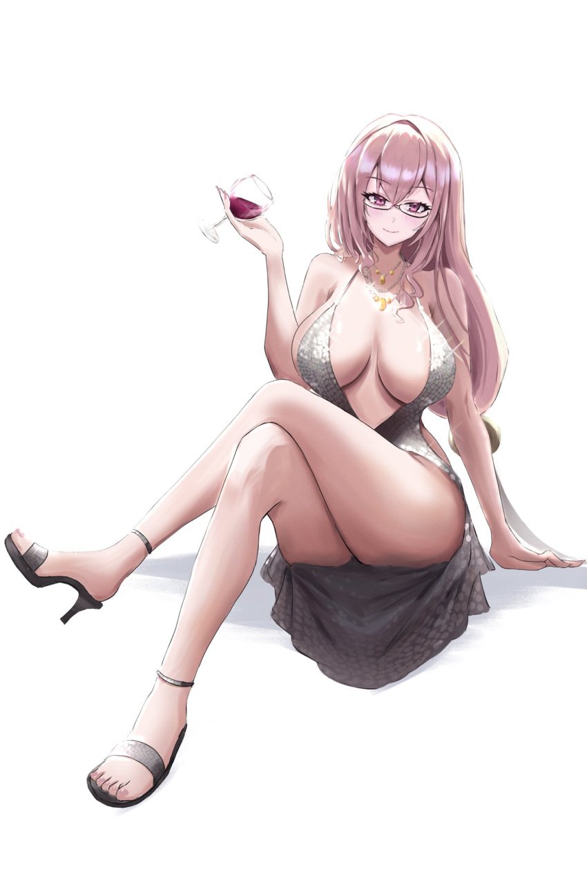 bare_arms breasts crossed_legs cup dress drinking_glass female full_body glasses grey_dress grey_footwear highres holding holding_cup invisible_chair jewelry large_breasts long_hair looking_at_viewer lunaliene_ray necklace pink_hair sandals simple_background sitting sleeveless sleeveless_dress smile solo tsukishiro_yanagi white_background wine_glass zenless_zone_zero