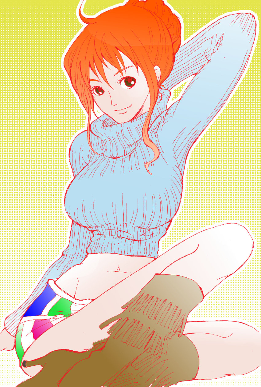 1girls 2012 boots breasts clothing cowboy_boots crop_top cropped_sweater episode_of_luffy female female_only high_heel_boots miniskirt nami one_piece post-timeskip ribbed_sweater skirt sweater takaki_(pixiv_id_3425936) turtleneck turtleneck_sweater