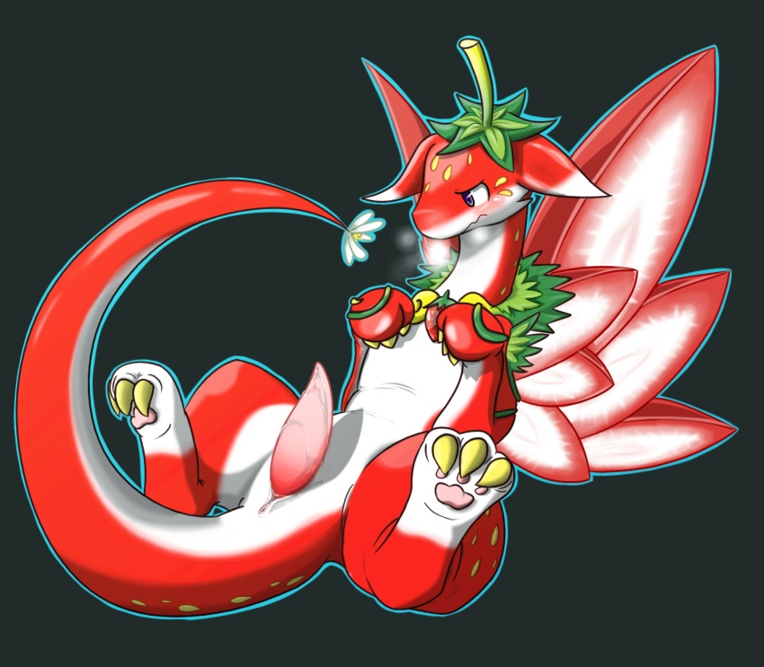 2014 blush claws dragon erection hi_res high_resolution highres male male_only nikki_(artist) penis plain_background precum puzzle_&_dragons red_body red_sky_fruit_strawberry_dragon shadow solo steam strawberry_dragon tapering_penis toe_claws video_games white_body wings