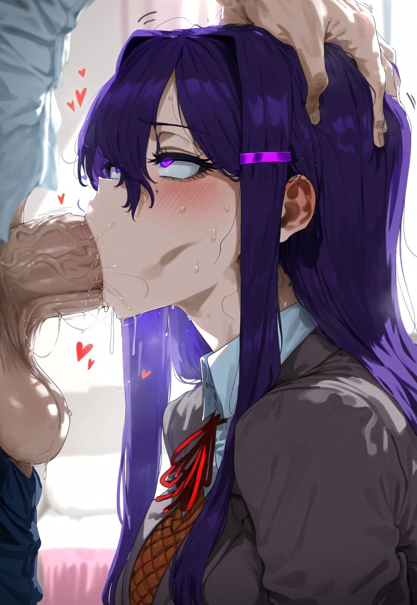 1boy 1girls ai_generated big_breasts blush breasts doki_doki_literature_club fellatio female female_focus huge_breasts large_breasts long_hair looking_pleasured purple_eyes purple_hair school_uniform yuri_(doki_doki_literature_club)