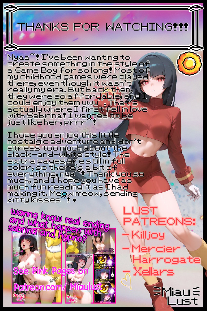 ai_assisted ai_generated bangs battle black_hair busty gameboy gameboy_advance gloves hypnosis miaulust pokeball pokemon pokemon_(species) pokemon_ss red_eyes red_skirt retro_artstyle sabrina_(pokemon) very_long_hair videogame white_skin