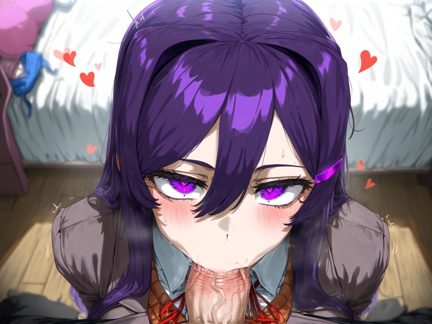 1boy 1girls ai_generated big_breasts blush breasts doki_doki_literature_club fellatio female female_focus huge_breasts large_breasts long_hair looking_pleasured purple_eyes purple_hair school_uniform yuri_(doki_doki_literature_club)