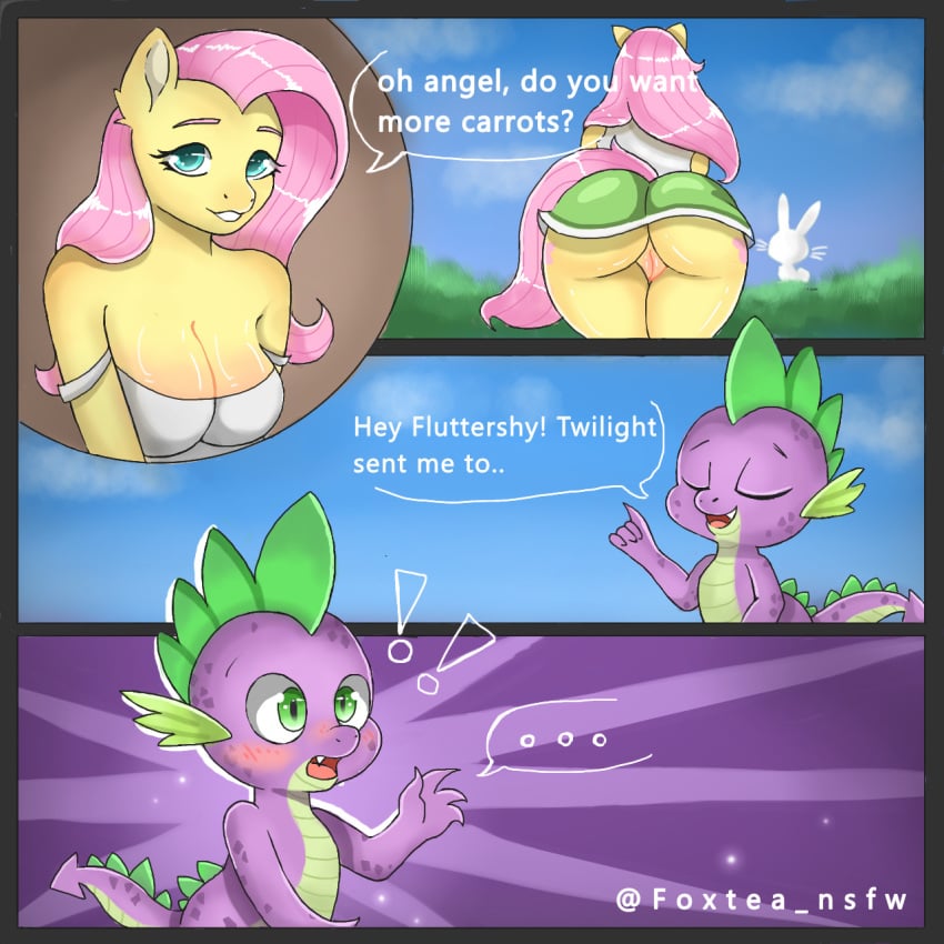 accident accidental_exposure anthro ass big_breasts big_butt blue_eyes blush body_blush bottomwear breasts butt_heart closed_eyes clothed clothed_female clothing comic comic_panel curvy_figure cute_fangs dialogue dragon duo equid equine eyebrows fangs female fluttershy_(mlp) foxtea friendship_is_magic genitals glistening glistening_body green_bottomwear green_clothing green_eyes green_skirt hasbro hi_res horse innie_pussy leaning leaning_forward leaning_on_self male male/female mammal miniskirt my_little_pony mythological_creature mythological_scalie mythology no_underwear open_mouth pink_pussy plump_labia pony pussy raised_eyebrows scalie seductive skirt speech_bubble spike_(mlp) standing surprise surprised_expression surprised_eyes tail tail_aside teeth text thick_thighs twitter voluptuous voluptuous_female