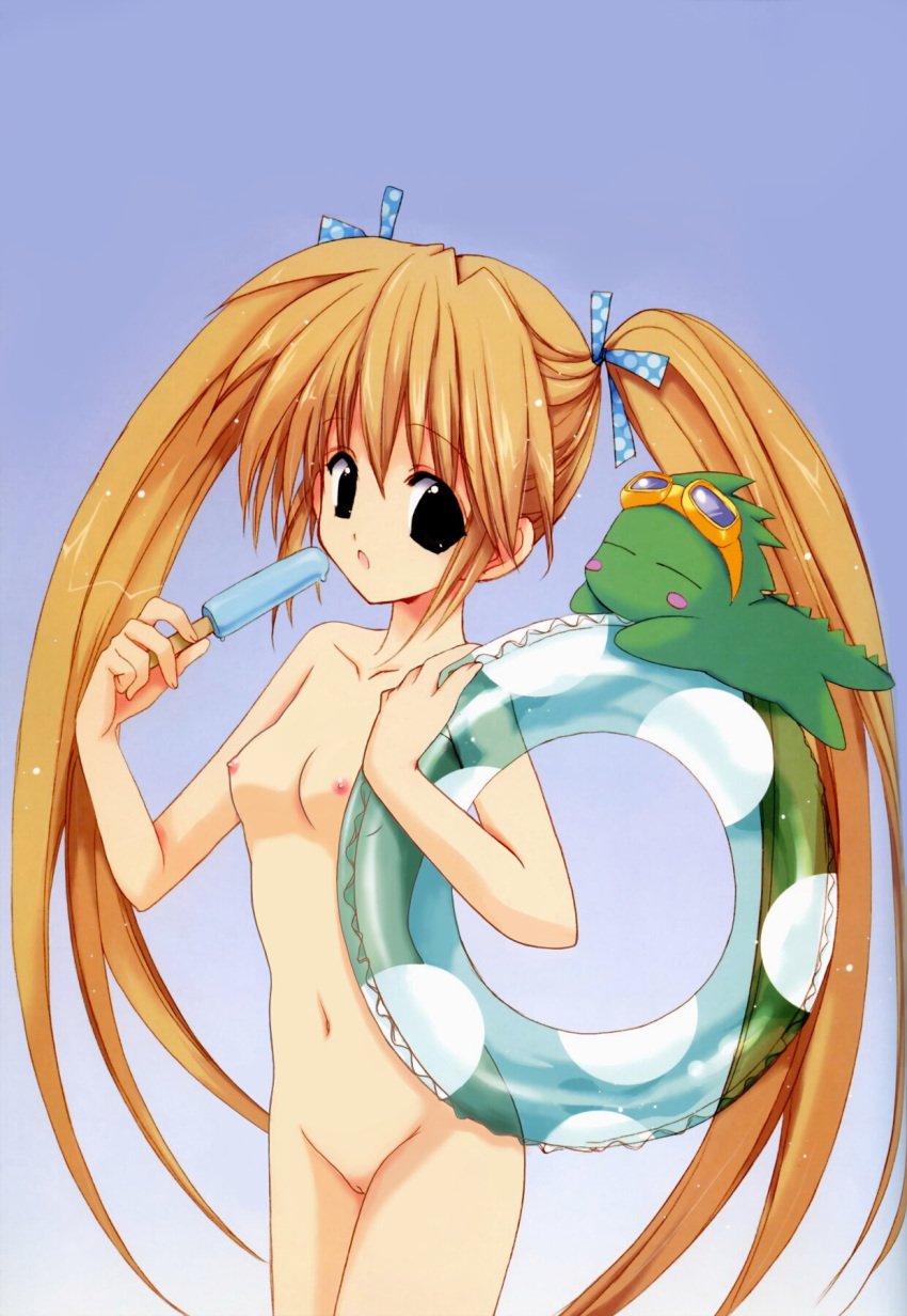 black_eyes blush_stickers breasts female goggles hair_ribbon innertube lizard long_hair nanase_aoi navel nipples nude open_mouth orange_hair original popsicle pussy ribbon solo tied_hair twintails uncensored very_long_hair