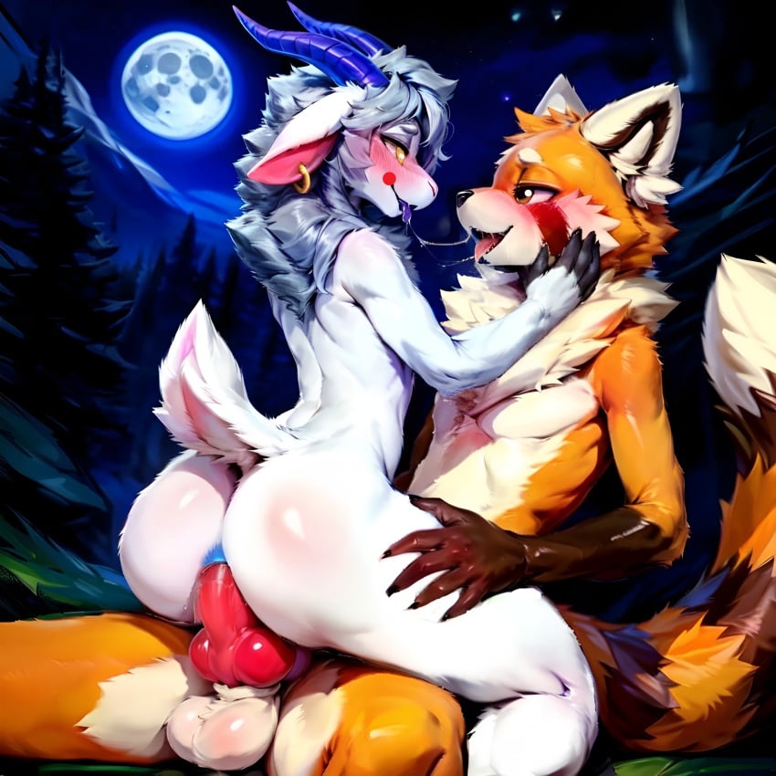 ai_generated anal_sex balls black_fingertips blue_anus blue_nipples blush duo eye_contact femboy forest frosting.ai furry gay girly goat hild_(zataekink) horns looking_at_viewer male male/male moon mr_diddlez night penis precum red_panda rosso_(mr_diddlez) saliva scut_tail smile stars yellow_eyes