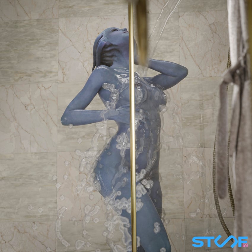 3d 3d_(artwork) blender_(software) female female_focus female_only liara_t'soni mass_effect shower solo_female stuuf69 wet_body wet_skin