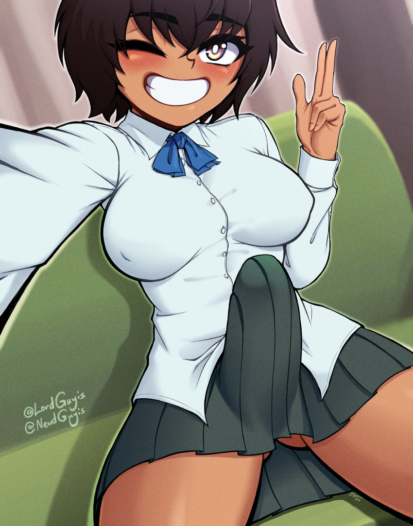 1futa bulge bulge_through_clothing commission dark-skinned_futanari dark_skin erection erection_under_clothes erection_under_skirt futa_only futabu futanari itou_aya large_breasts looking_at_viewer lordguyis one_eye_closed school_uniform selfie skirt smile smiling_at_viewer wink yellow_eyes