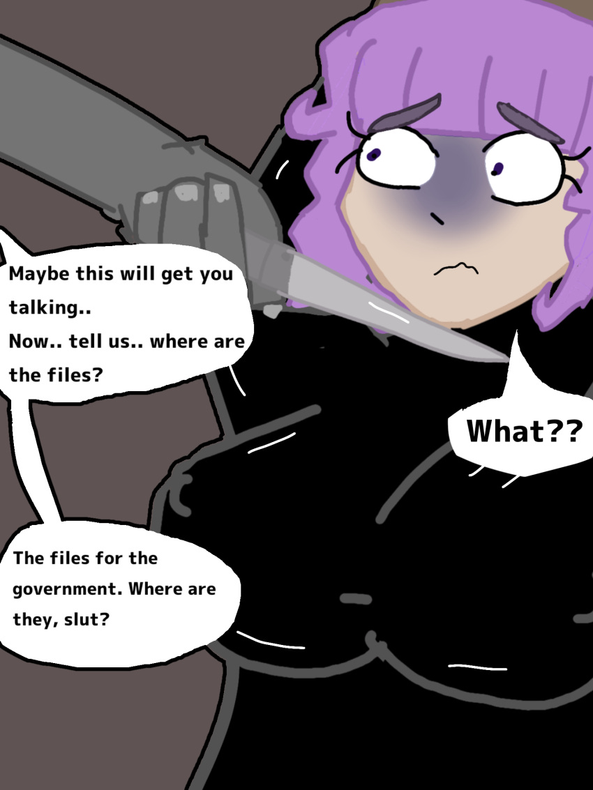 comic_parts corruptedftm_(artist) demanding huge_breasts knife latex original_character purple_hair scared story threatened