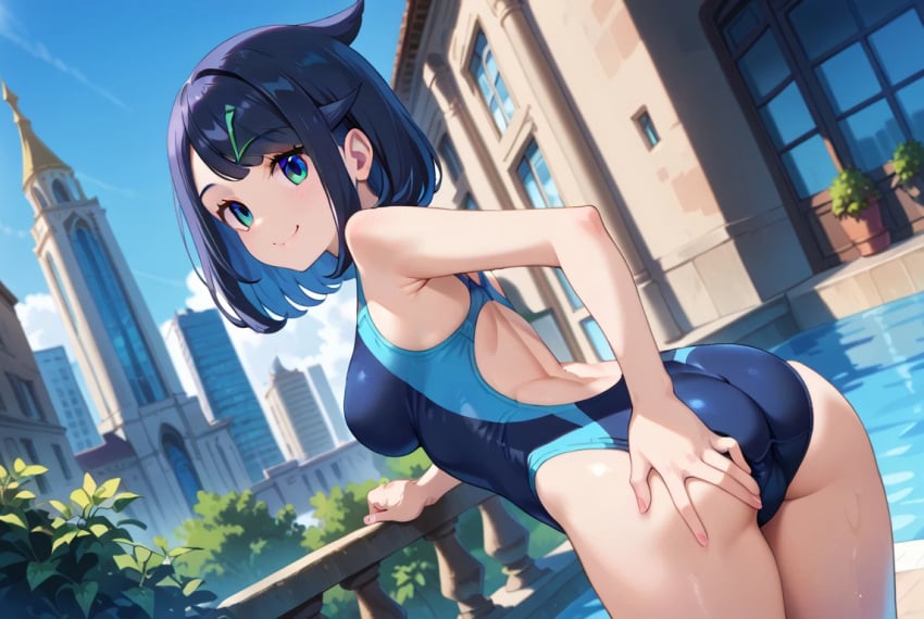 ai_generated ass ass_focus back_view backboob bare_legs big_ass big_butt black_hair blue_eyes fat_ass huge_breasts huge_thighs large_breasts light-skinned_female light_skin liko_(pokemon) looking_back multicolored_hair one-piece_swimsuit pokemon pokemon_(anime) pokemon_horizons pool poolside raphiell short_hair smiling solo_female squatting sweat sweatdrop swimsuit thick_thighs thighs voluptuous voluptuous_female