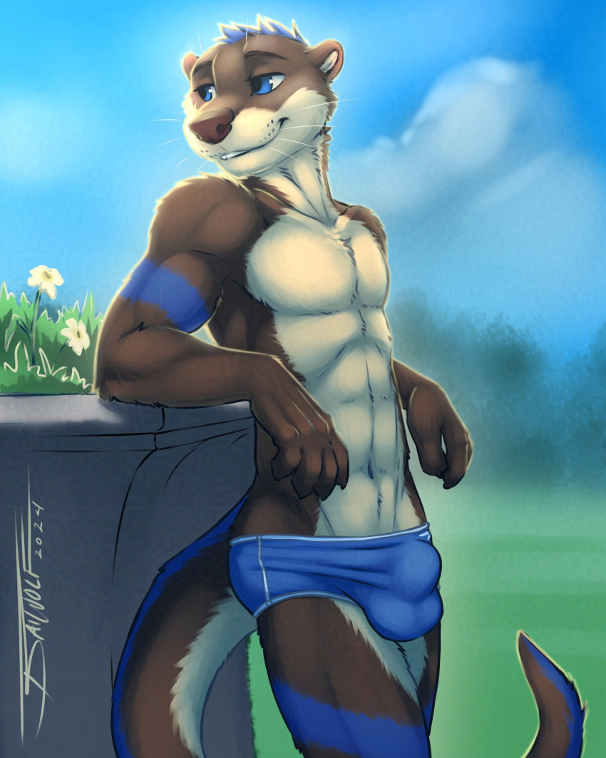 abs anthro bulge detailed_bulge hi_res leaning looking_aside male mammal mustelid otter smile solo standing tail tsaiwolf whiskers