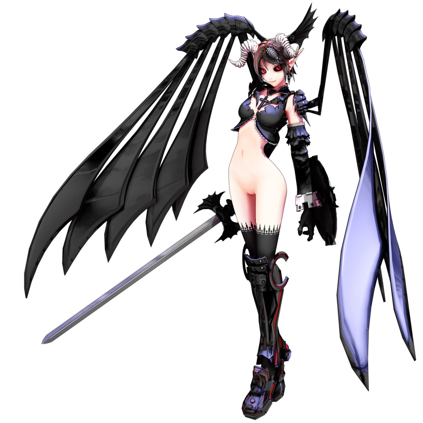 3d black_hair breasts cross demon_girl demon_horns female horns long_hair looking_at_viewer maeda_koutarou navel original pointy_ears pussy red_eyes short_hair solo sword uncensored weapon wings