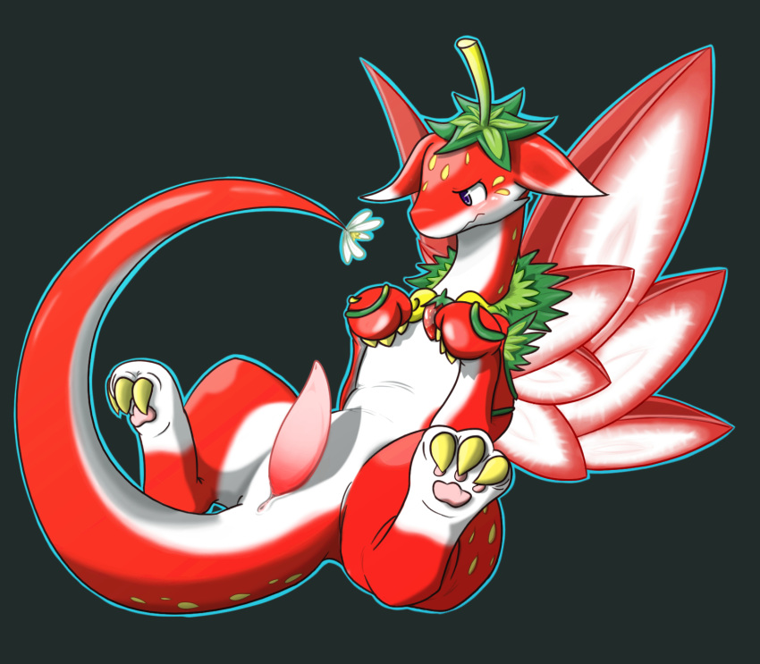 2014 blush claws dragon erection hi_res high_resolution highres male male_only nikki_(artist) penis plain_background puzzle_&_dragons red_body red_sky_fruit_strawberry_dragon shadow solo strawberry_dragon tapering_penis toe_claws video_games white_body wings