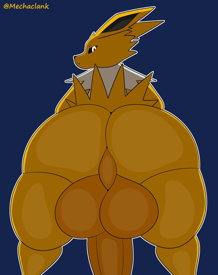 anthro ass balls big_balls big_penis black_sclera dark_background eeveelution generation_1_pokemon genitals hi_res huge_balls huge_cock humanoid_pointy_ears hyper hyper_balls hyper_genitalia hyper_penis jolteon looking_at_viewer looking_back male mechaclank nintendo outline penis perineum pointy_ears pokemon pokemon_(species) presenting presenting_hindquarters pupils signature simple_background solo white_outline white_pupils yellow_body