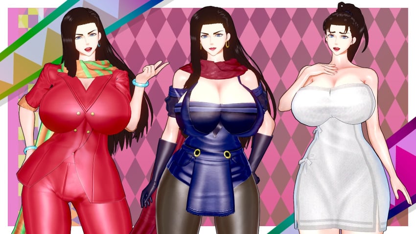 3d_model apuri battle_tendency big_breasts black_hair blue_eyes elizabeth_joestar huge_breasts jojo's_bizarre_adventure koikatsu lisa_lisa long_hair mature mature_female milf outfit_variant pale-skinned_female pale_skin red_lipstick scarf tied_hair towel