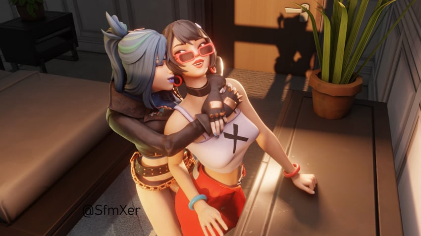 evie_(fortnite) fortnite fucked_from_behind futanari hope_(fortnite) looking_over_eyewear looking_over_sunglasses sfmxer sunglasses tinted_eyewear yuri