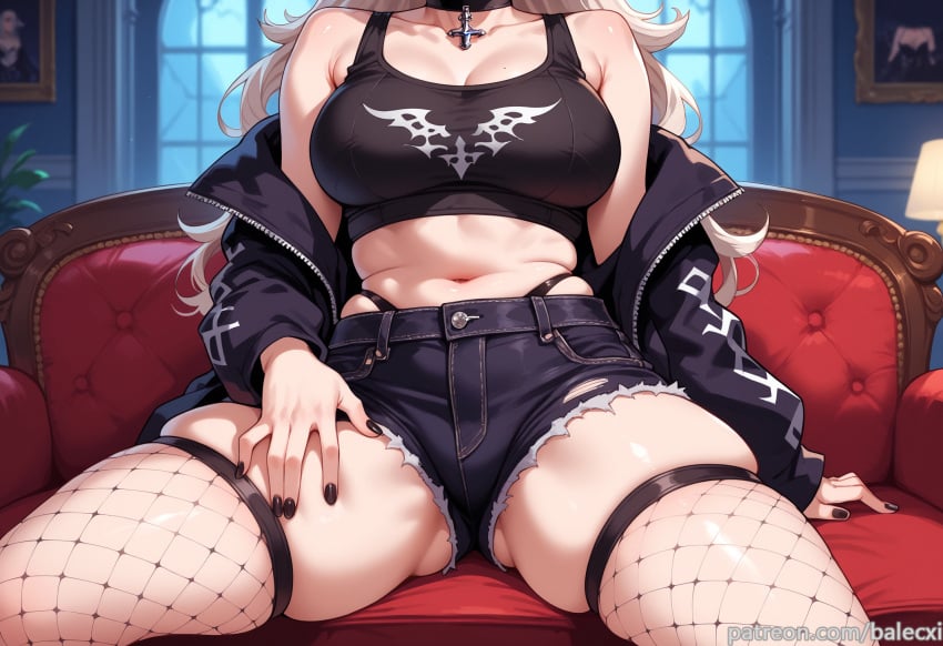 ai_generated ass_visible_through_thighs balecxi bare_shoulders black_choker black_jacket black_nails black_shorts cleavage corrin_(fire_emblem) corrin_(fire_emblem)_(female) crop_top cutoffs denim denim_shorts female fire_emblem fishnet_thighhighs fishnets head_out_of_frame highleg indoors large_breasts long_hair midriff navel off_shoulder on_couch open_clothes open_jacket short_shorts sitting skindentation solo tank_top thighhighs thighs