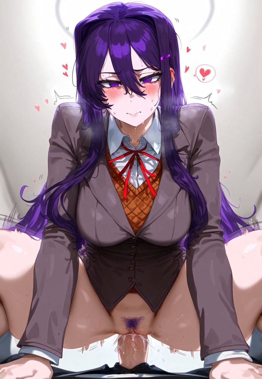 1boy 1girls ai_generated big_breasts blush breasts doki_doki_literature_club female female_focus huge_breasts large_breasts long_hair looking_pleasured on_top purple_eyes purple_hair school_uniform sex yuri_(doki_doki_literature_club)