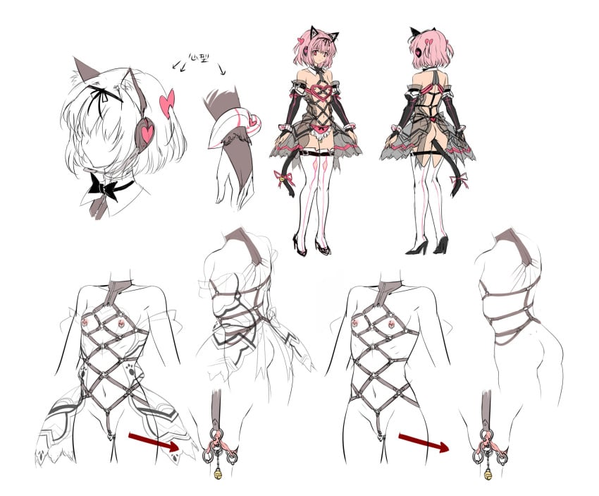 animal_ears bell bondage cat_ears cat_tail clitoris clitoris_piercing collar female female harness high_heels labia_piercing navel nipple_piercing nipples piercing pussy q_azieru sketch small_breasts tail thighhighs uncensored