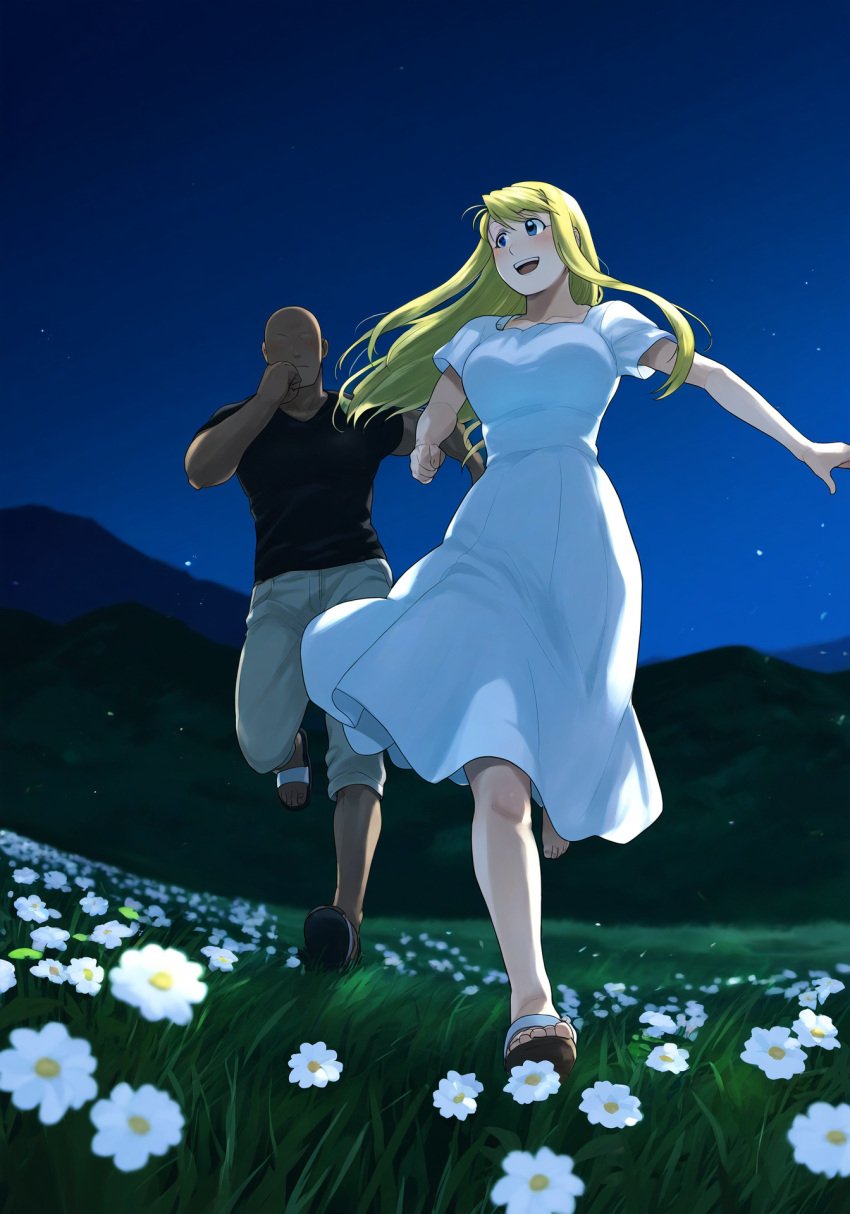 1boy 1girls abasta ai_generated barefoot blonde_hair blue_eyes countryside dark dark-skinned_male dark_skin dress feet fullmetal_alchemist grass interracial laugh laughing light-skinned_female mountain night outdoors romantic romantic_couple running smiling smug stars winry_rockbell