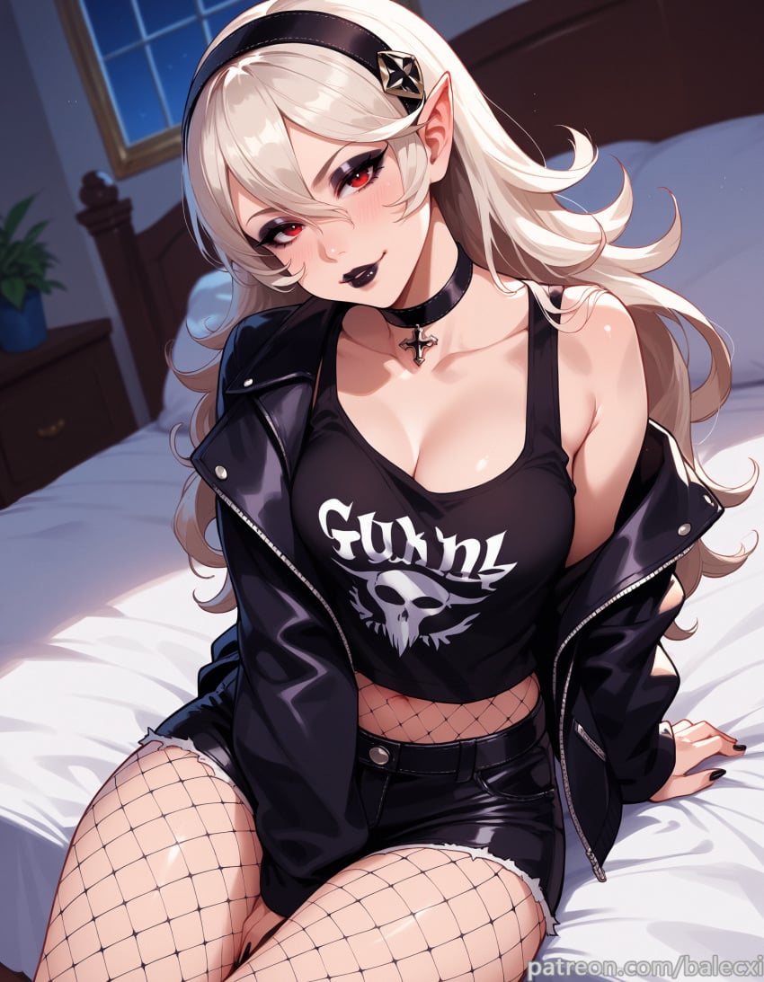 ai_generated balecxi bed black_choker black_hairband black_jacket black_lips black_nails black_shorts breasts cleavage corrin_(female)_(fire_emblem) corrin_(fire_emblem) corrin_(fire_emblem)_(female) female fire_emblem fishnet_pantyhose fishnets hair_between_eyes indoors long_hair looking_at_viewer makeup navel on_bed open_jacket pantyhose pointy_ears red_eyes sitting solo tank_top white_hair