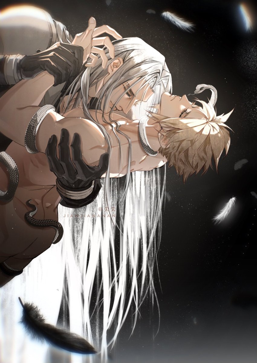 2boys arched_back ass bare_ass blonde_hair closed_eyes cloud_strife feathers final_fantasy final_fantasy_vii fully_clothed_male gay gloves holding_wrists jianjiananan light-skinned_male light_skin long_hair male/male naked naked_male nude sephiroth silver_hair snake spiky_hair yaoi