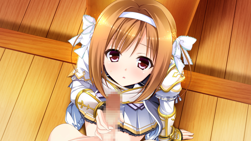 blush brown_hair censored female game_cg hairband handjob kimishima_ao mitsu_king mosaic_censoring open_mouth otome_ga_kanaderu_koi_no_aria penis red_eyes short_hair yukishiro_kotori zinno