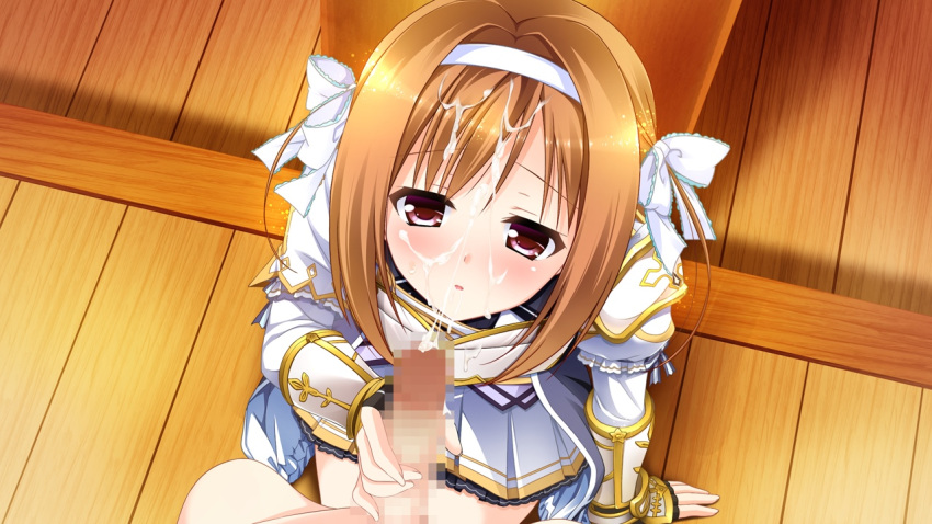 blush brown_hair censored cum facial female game_cg hairband handjob kimishima_ao mitsu_king mosaic_censoring open_mouth otome_ga_kanaderu_koi_no_aria penis red_eyes short_hair yukishiro_kotori zinno