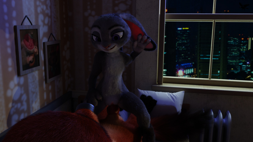 16:9 animal_genitalia animal_penis anthro bedroom_setting canid canine canine_penis city_background cowgirl_position disney duo female female_on_top female_penetrated flat_chest fox genitals girl_on_top hi_res judy_hopps knot lagomorph leporid male male_on_bottom male_penetrating male_penetrating_female mammal nick_wilde oldwing on_bottom on_top penetration penis rabbit sex straight vaginal_penetration widescreen zootopia