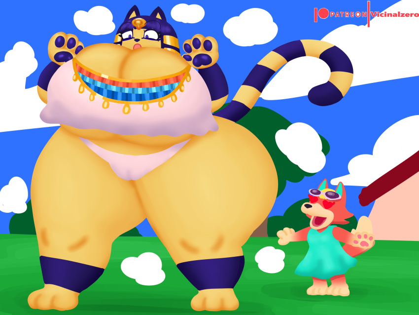 2022 animal_crossing ankha ankha_(animal_crossing) ass_bigger_than_head audie_(animal_crossing) barely_clothed big_ass big_breasts boob_window breasts breasts_bigger_than_head canine cleavage clothed feline female female_only huge_ass huge_breasts low_quality nintendo nipples_visible_through_clothing no_bra sideass thick_thighs thighs underboob vicinalzero wide_hips