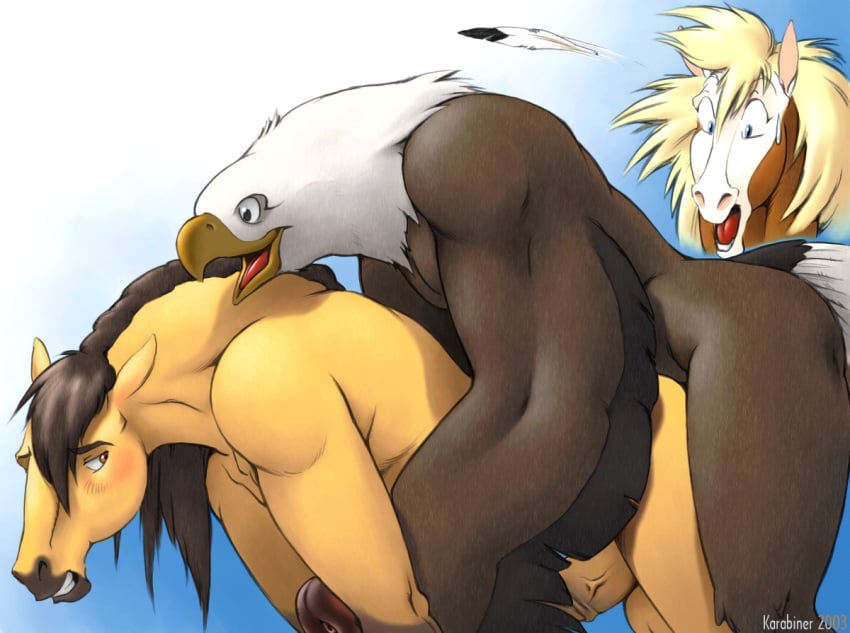 2003 bald_eagle cuckquean dreamworks dreamworks_animation dreamworks_pictures eagle gay horse karabiner male penis rain_(cimarron) spirit:_stallion_of_the_cimarron spirit_(character) the_eagle_(cimarron) yaoi