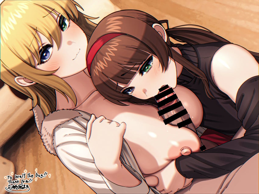 1boy 2girls :3 bar_censor black_gloves blonde_hair blue_eyes blunt_bangs blush breasts brown_hair censored closed_mouth commission detached_sleeves fellatio ffm_threesome gloves grabbing grabbing_another's_breast green_eyes group_sex hairband heterochromia highres large_breasts long_hair multiple_girls nipples oral paizufella paizuri red_hairband red_hairbant ryoubi_(senran_kagura) ryouna_(senran_kagura) second-party_source senran_kagura sleeveless sleeveless_turtleneck smile straight takahashi_meishin threesome turtleneck