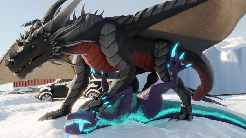 3d_(artwork) arceronth_(character) black_body blender_(software) blue_body blue_eyes claws digital_media_(artwork) dinosaur dragon dromaeosaurid duo female female_penetrated feral genitals glowing glowing_eyes hi_res horn knot looking_pleasured male male/female male_penetrating male_penetrating_female niko_stargazer nikostargazer open_mouth penetration pinned pinned_to_ground red_eyes reptile scalie sex tail teeth theropod tongue vaginal_penetration vaginal_penetration western_dragon wings