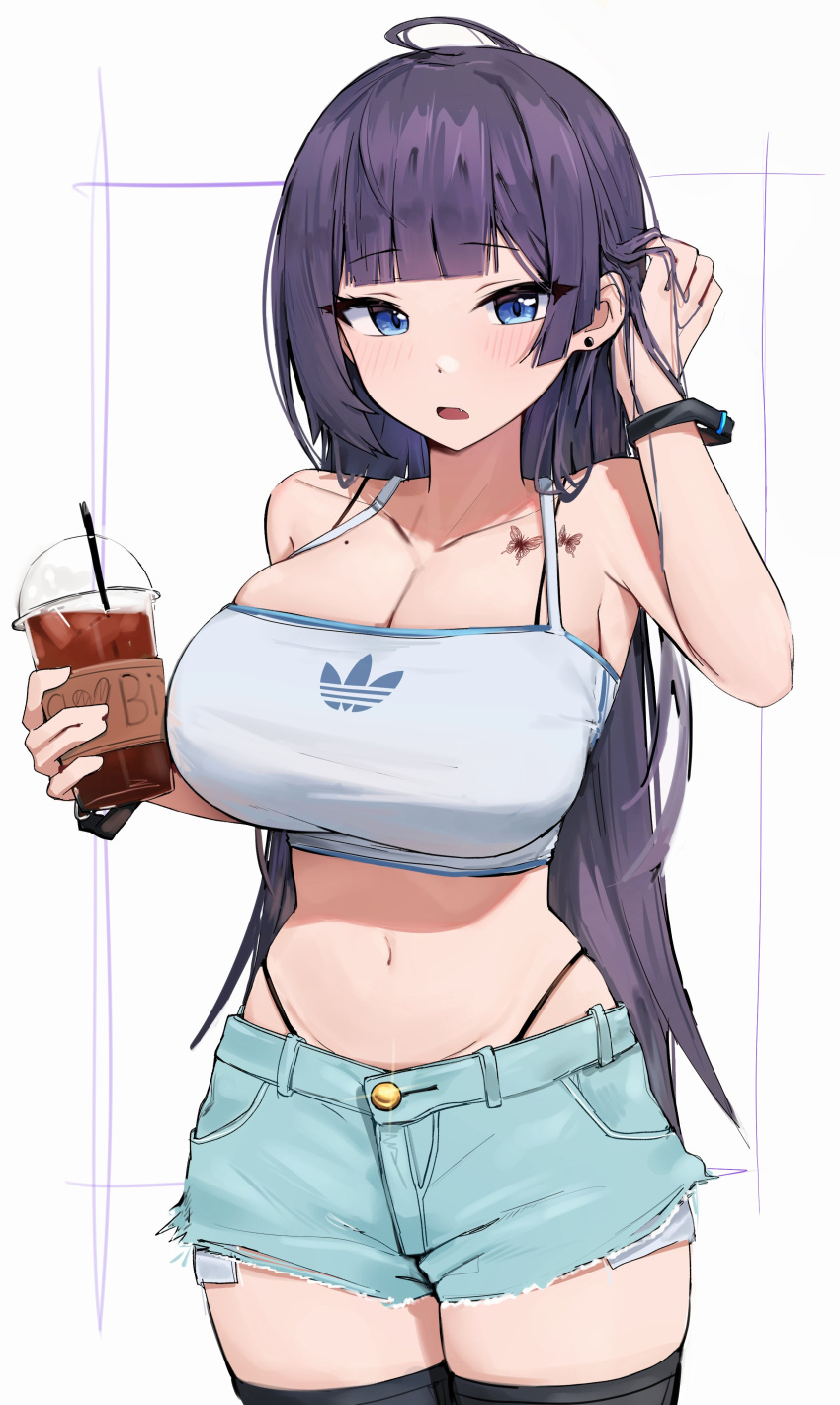 1girls adidas big_breasts breasts bubble_tea holding_object oppai