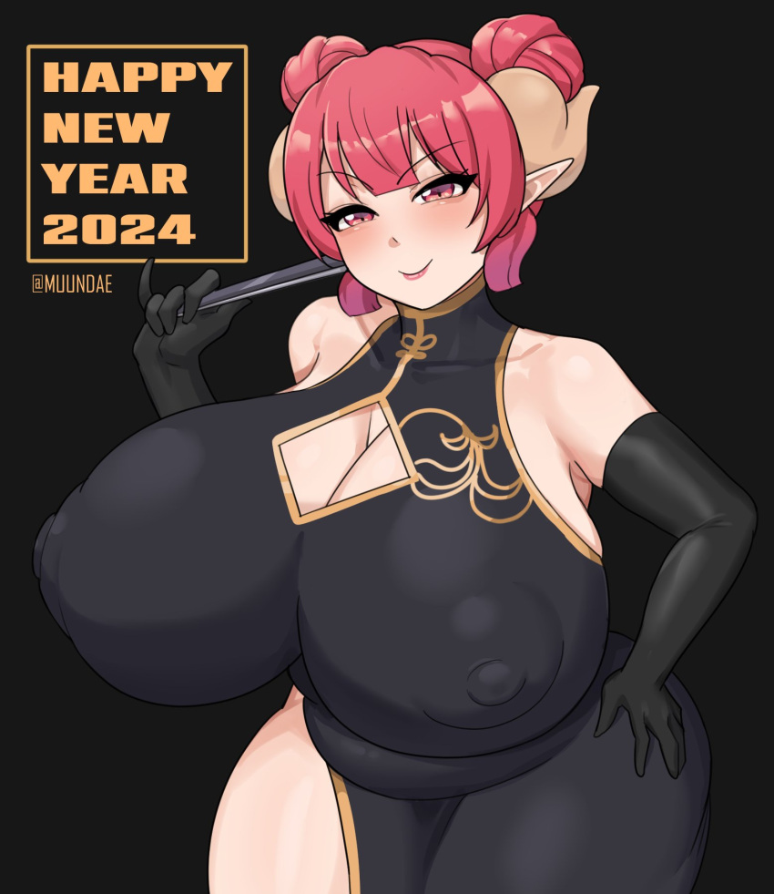 1girls 2024 armwear big_breasts black_dress black_gloves breast_focus breasts cleavage clothing dress elbow_gloves erect_nipples female female_only folding_fan gloves hair hand_on_hip happy_new_year horns huge_breasts ilulu_(dragon_maid) large_breasts lips massive_breasts miss_kobayashi's_dragon_maid muundae nipple_bulge nipples_visible_through_clothing pink_hair pointy_ears red_eyes shortstack smile solo solo_female thighs year_of_the_dragon