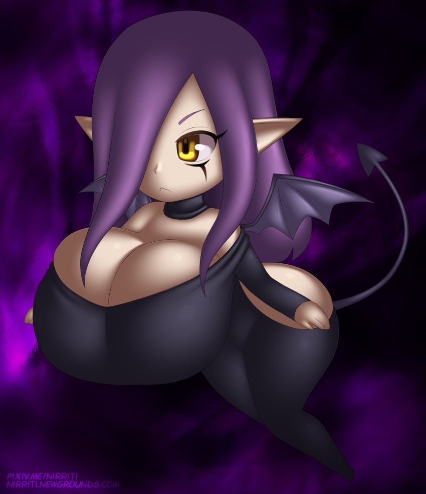 absurd_res amber_eyes ass bat_wings big_breasts big_butt black_clothing black_dress breasts chibi cleavage clothed clothing curvy_figure digital_drawing_(artwork) digital_media_(artwork) dress elf_ears female female_only hair hair_over_eye hi_res hourglass_figure huge_breasts huge_thighs humanoid humanoid_pointy_ears long_hair looking_away membrane_(anatomy) membranous_wings monster monster_girl_(genre) monstrous_humanoid nirriti one_eye_obstructed original_character original_content purple_hair shaded short_stack solo spandex spandex_suit succubus succubus_nirriti succubus_tail thick_thighs tight_clothing tight_dress wide_hips wings