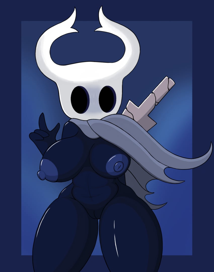 black_body breasts casual cloak clothing female female_the_knight_(hollow_knight) genitals hand_behind_back hi_res hollow_knight horn humanoid nail nipples outerwear poraka7 protagonist_(hollow_knight) pussy solo team_cherry thick_thighs vessel_(species) weapon