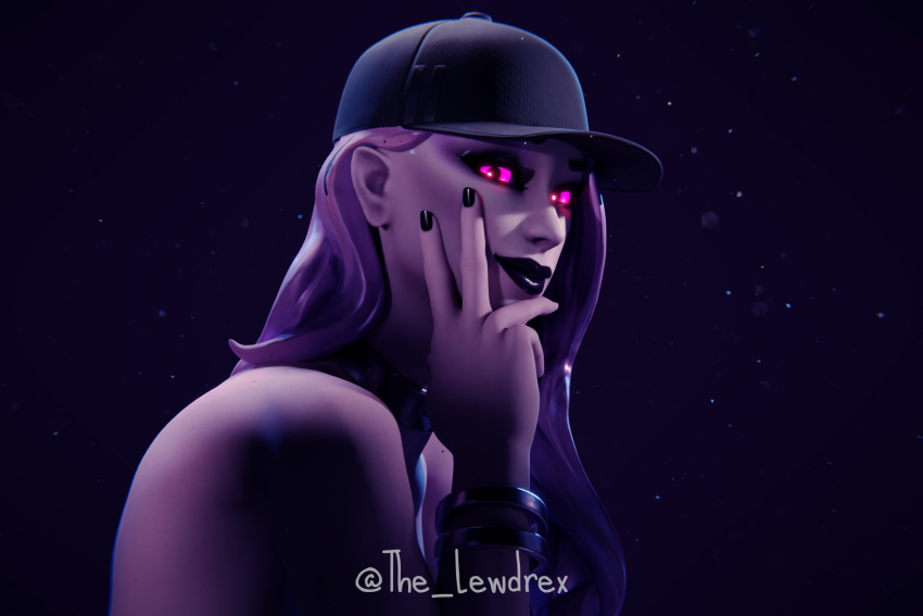 1girls 3d black_lipstick blender cap close-up dusk_(fortnite) epic_games female female_focus female_only fortnite fortnite:_battle_royale glowing glowing_eyes grey_body grey_hair grey_skin headwear highres lewdrex lipstick long_hair nude nude_femaleface_focus pink_eyes purple_eyes simple_background sitting solo solo_focus watermark