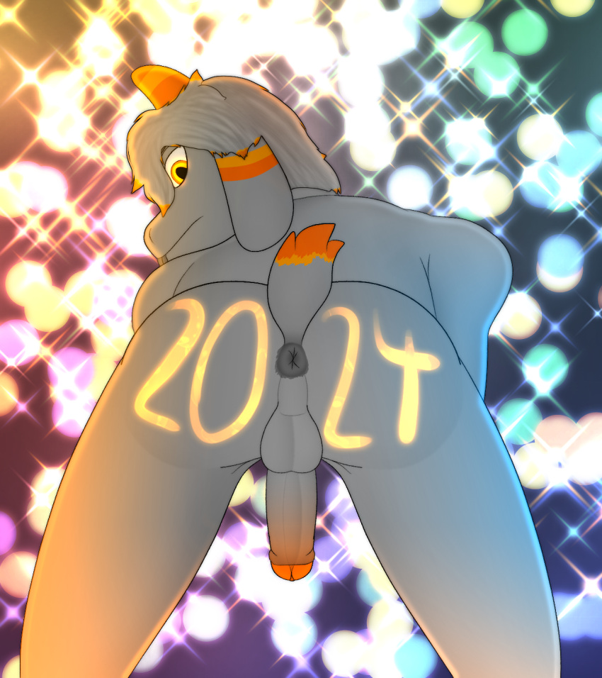 anthro anus ass balls bovid caprine fireworks floppy_ears fur genitals glans glowing glowing_eyes goat grey_body grey_fur gusta gusta_(gusta) hair hi_res holidays horn looking_at_viewer looking_back looking_back_at_viewer male mammal new_year new_year_2024 nude orange_eyes orange_glans orange_horn orange_stripes penis presenting presenting_hindquarters rear_view short_tail solo stripes tail writing_on_butt