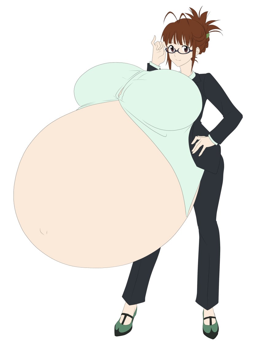 1girls akizuki_ritsuko breasts_bigger_than_head gigantic_breasts glasses huge_breasts hyper hyper_pregnancy idolmaster pregnant ready_to_pop ritsuko_akizuki saburox solo suit wardrobe_malfunction