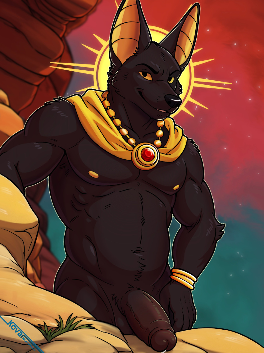 2024 abs absurd_res amulet anthro anubian_jackal anubis balls biceps big_penis bracelet canid canine canis cape clothing deity egyptian egyptian_mythology erection eyebrows foreskin fur gem genitals gold_(metal) grass halo hi_res humanoid_genitalia humanoid_penis jackal jewelry kovar looking_at_viewer male mammal middle_eastern_mythology muscular muscular_anthro muscular_male mythology navel necklace nipples nude pecs penis plant presenting presenting_penis rock signature sky smile solo solo_male standing thick_penis tuft