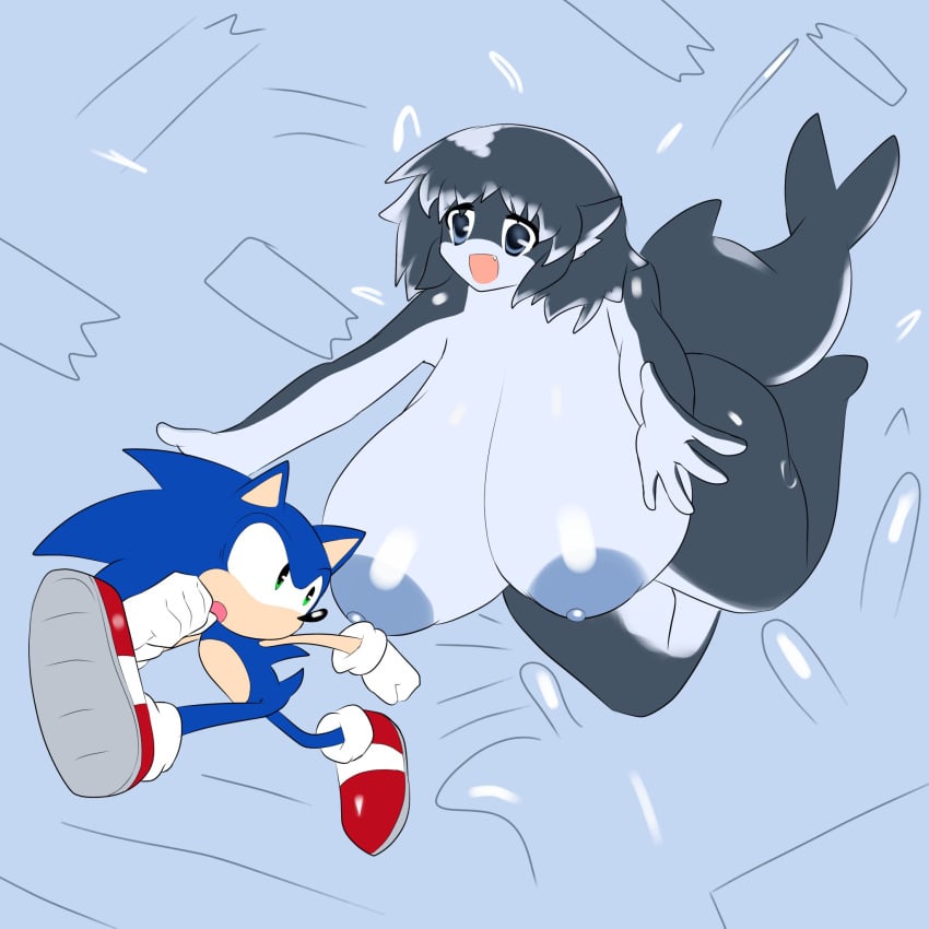 1boy 1girls areolae barefoot big_breasts breasts chasing completely_nude completely_nude_female female full_body killer_whale male naked naked_female nipples nude nude_female open_mouth open_smile outstretched_arms smile sonic_(series) sonic_adventure sonic_the_hedgehog sonic_the_hedgehog_(series) tha_randomu