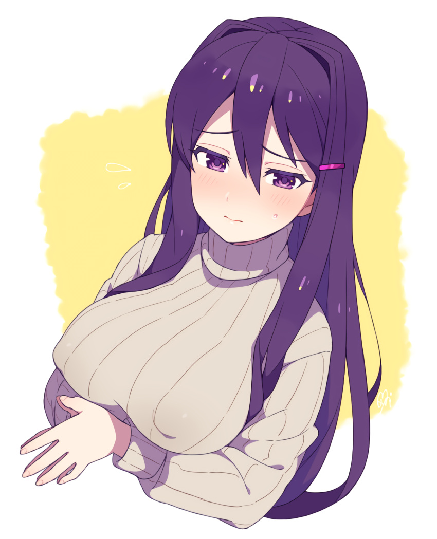 1girls big_breasts blush doki_doki_literature_club erect_nipples hairclip imonazun lavender_eyes lavender_hair long_hair looking_at_viewer nervous purple_eyes purple_hair sweatdrop sweater turtleneck yuri_(doki_doki_literature_club)