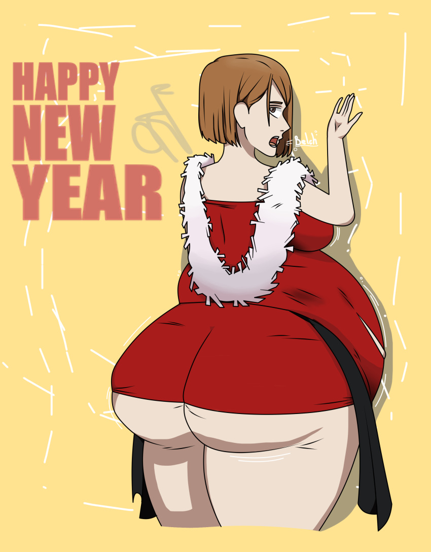 anime_style ass ass belch belching belly belly_bulge big_ass big_belly big_belly_bulge big_butt christmas christmas_outfit female female_focus female_pred from_behind from_behind_position ginger ginger_hair jujutsu_kaisen kugisaki_nobara light-skinned_female light_skin manga new_year new_year_2024 orange_hair short_hair shuciha thick_thighs thighs vore vore_belly