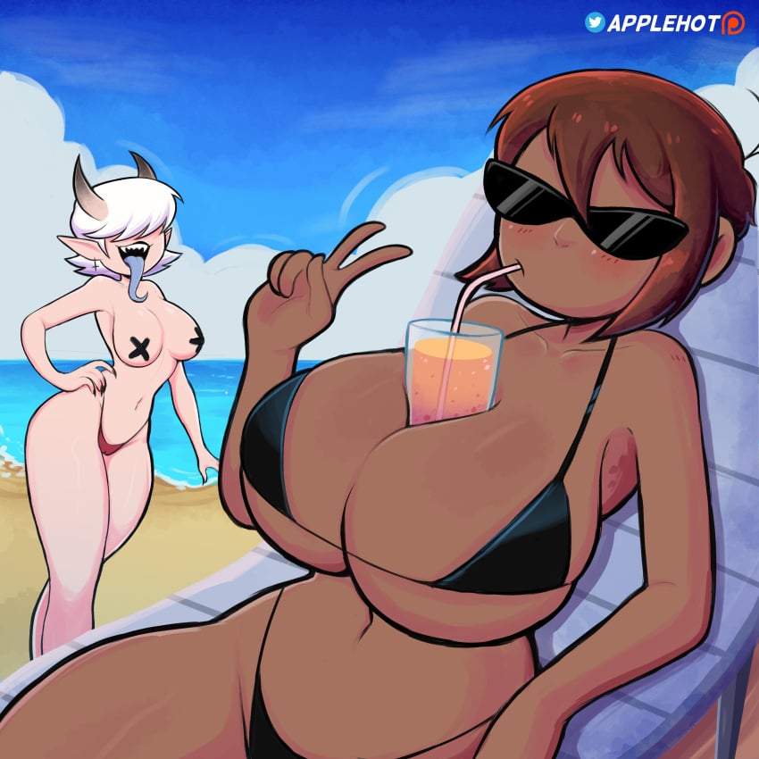 2girls applehot beach between_breasts brown_hair dark-skinned_female dark_skin drinking glasses huge_breasts jane_(applehot) large_breasts long_tongue looking_at_viewer mara_(applehot) medium_breasts multiple_girls ocean original outside pasties sand sitting straw sunglasses thick_thighs tinted_eyewear v_sign white_hair wide_hips x_pasties