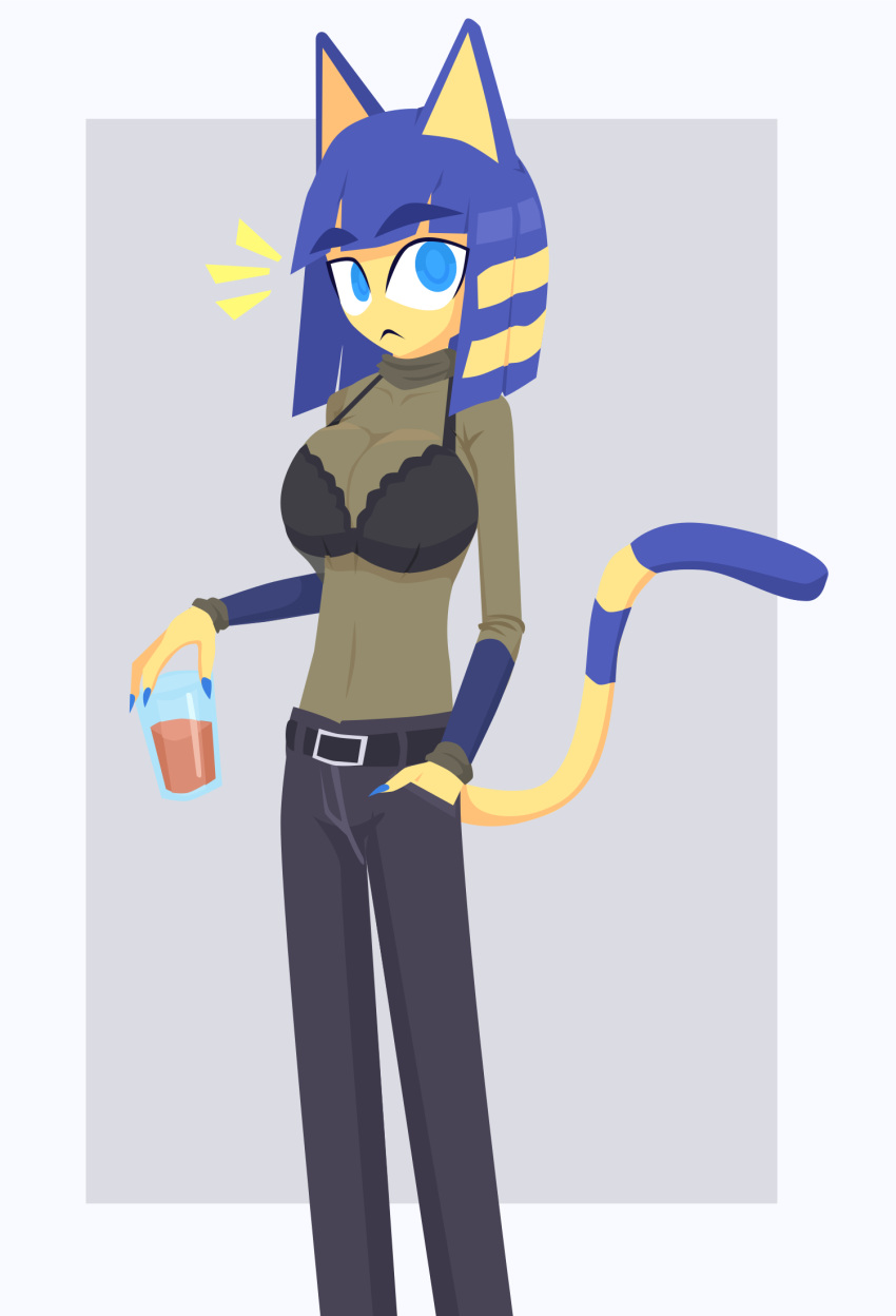 animal_crossing ankha ankha_(animal_crossing) anthro big_breasts blue_eyes blue_hair bob_cut bra breasts cat_ears cat_tail catgirl cleavage clothing denim female_only fur furry large_breasts looking_at_viewer mesh_shirt navel nintendo saucepesto see-through see-through_clothing simple_background slim_waist solo solo_female thick_eyebrows video_games yellow_body yellow_fur