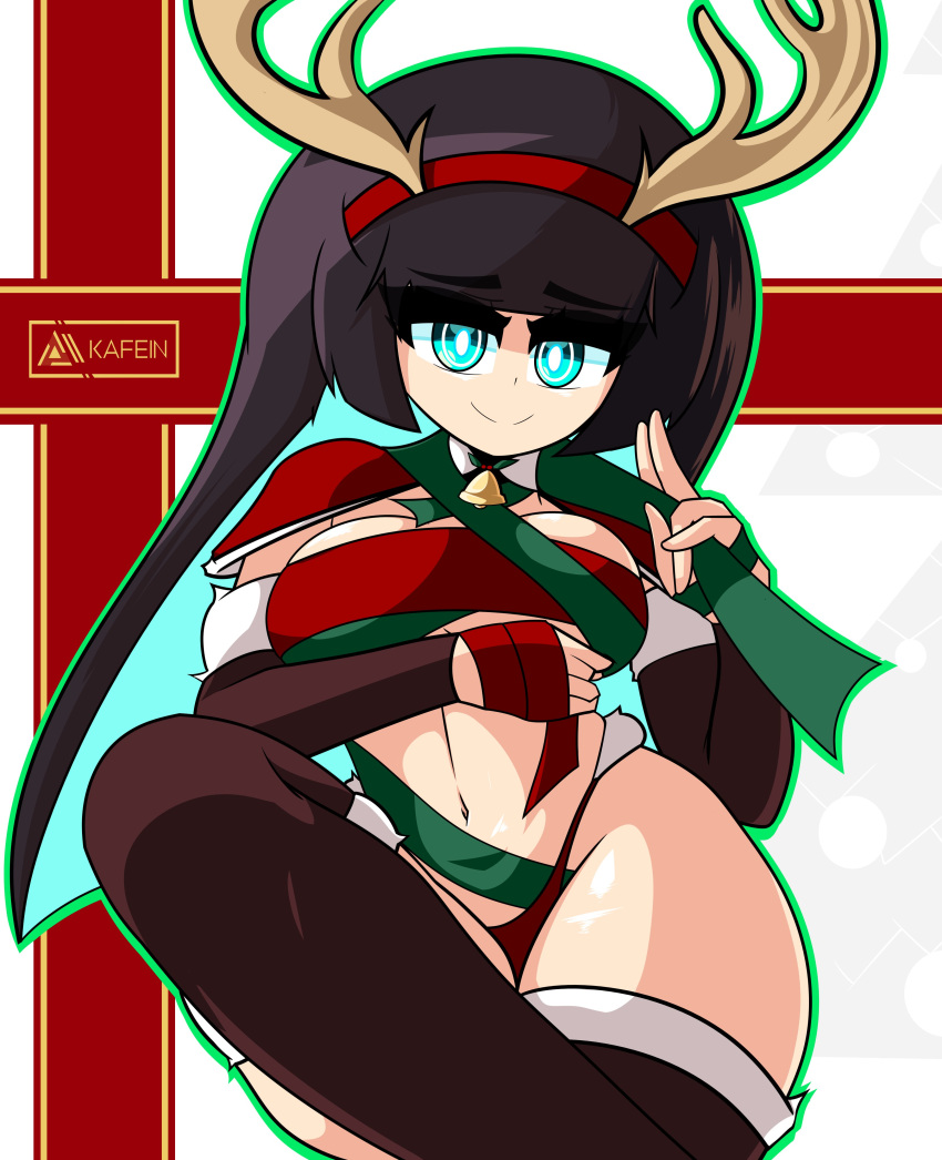 antlers blue_eyes breasts christmas christmas_outfit female kafein tagme tagme_(character) thick_thighs thighhighs thighs